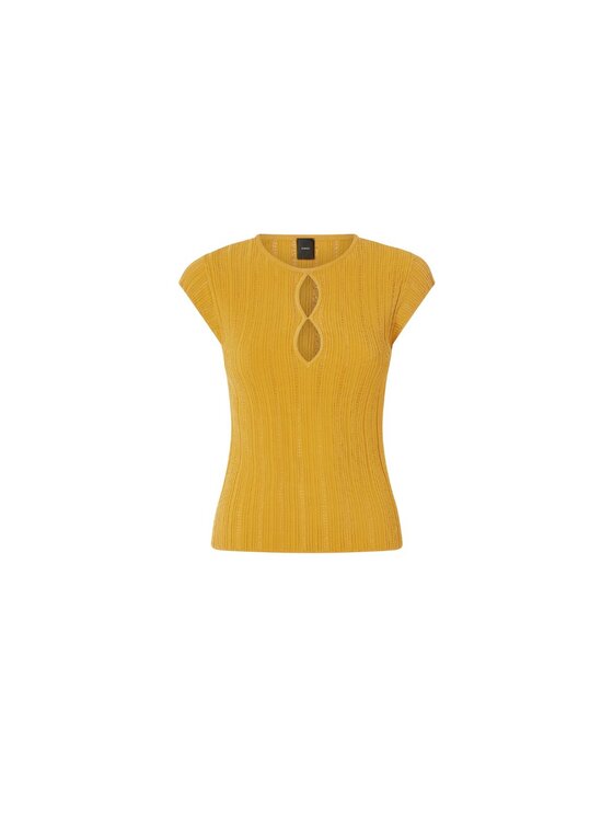 PINKO PINKO T-Shirt Tofane maglia ribs trafori + pizzo Żółty Slim Fit