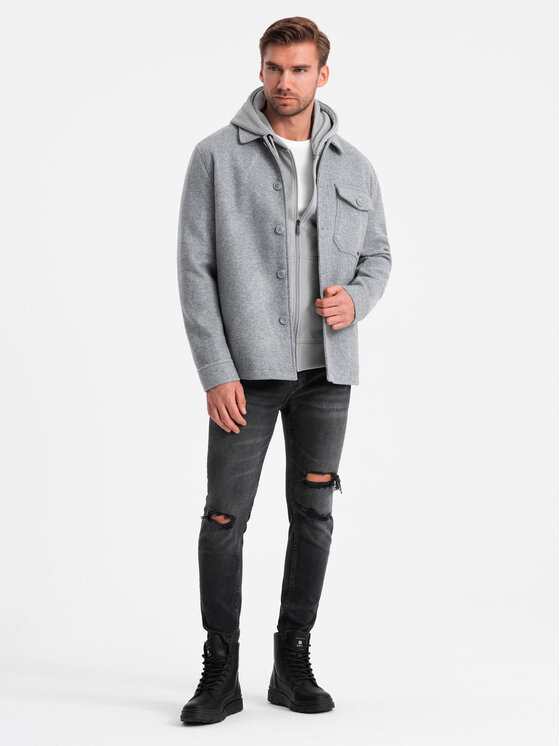 Ombre Ombre Kurtka koszulowa OM-JANP-0199 Szary Regular Fit