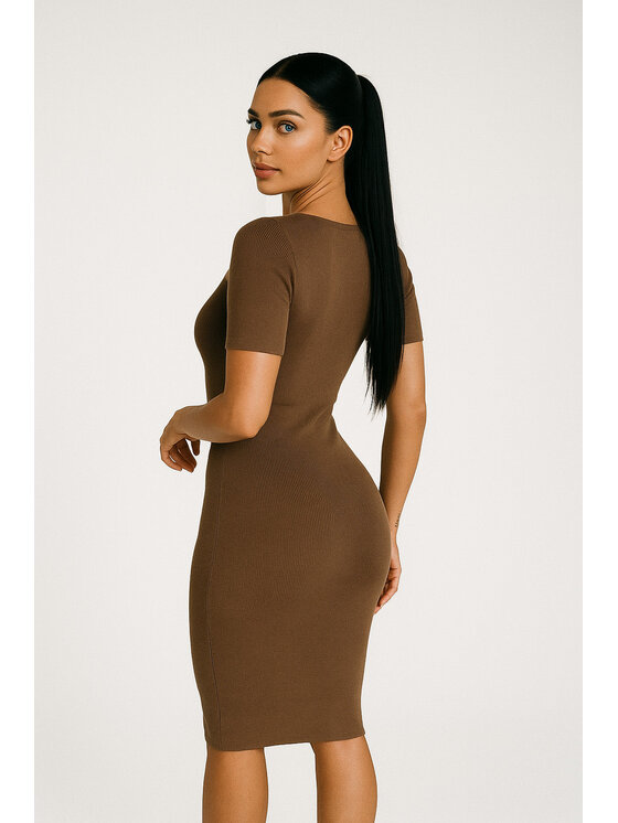 Nudyess Nudyess Vestito di maglia Fiori mimi z prążka Marrone Fitted Fit