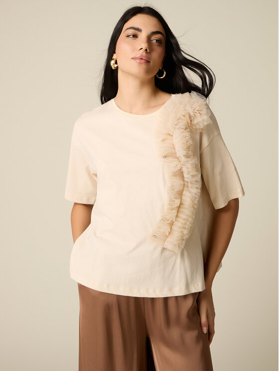 Oltre Oltre T-Shirt G014J004371N002 Kremowy Regular Fit