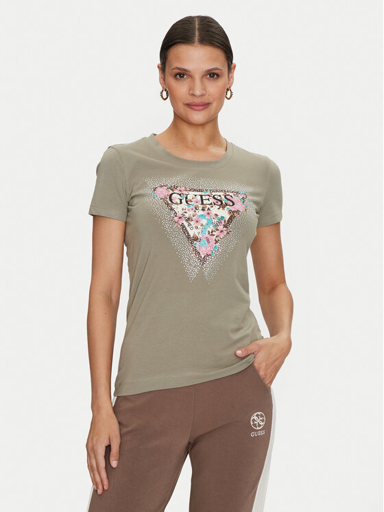 Guess T-krekls Cherry Flower W4YI26 J1314 Zaļš Slim Fit