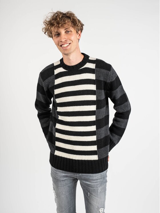 Les Hommes Les Hommes Svetr LLK113-654U | Wool Stripes Round Neck Jumper Černá Regular Fit