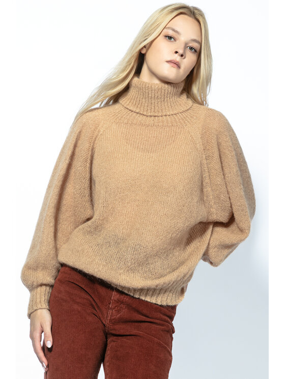 Fobya Fobya Sweter BEZSZWOWY OVERSIZOWY SWETER Z GOLFEM Z WEŁNY ALPAKI F1729 Brązowy Oversize