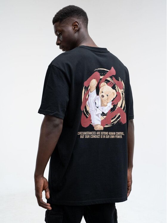 MyStars MyStars T-Shirt Koszulka Z Krótkim Rękawem Oversize Męska Czarna MyStars Kung Fu Bear XL Czarny Oversize