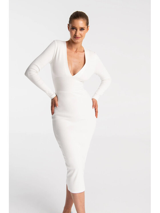 Nudyess Nudyess Sukienka dzianinowa Victoria z prążka Biały Fitted Fit