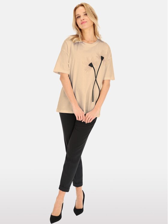 Perso Perso T-Shirt TCE240012F Beżowy Regular Fit