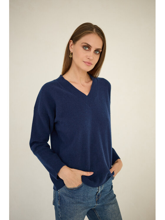 Sweter Entelier, Rozmiar OS, Granatowy, kaszmir dekolt w serek