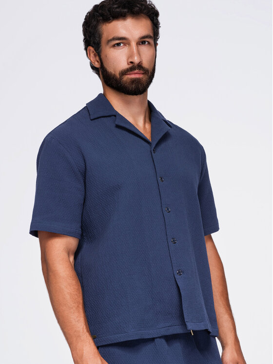 Ombre Ombre Koszula OM-SHSS-0220 Granatowy Boxy Fit