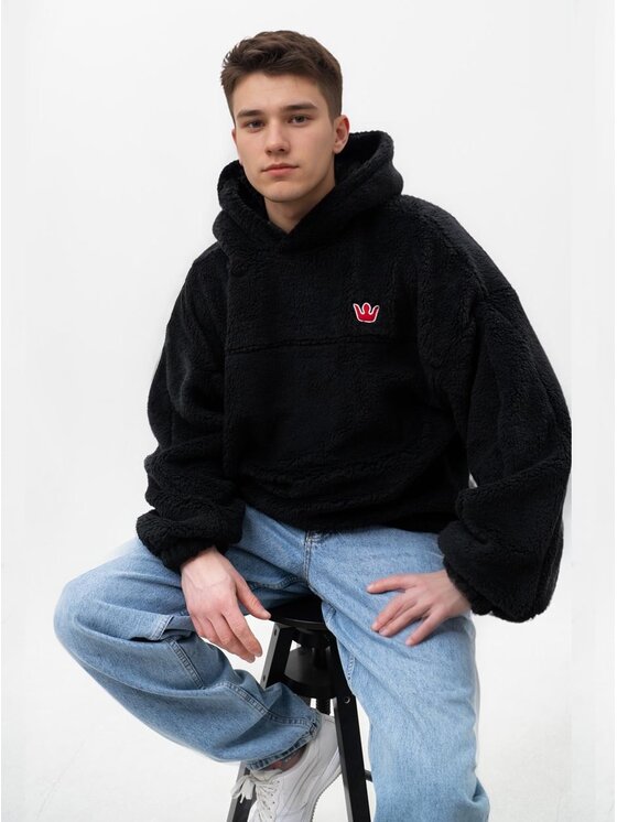 Jigga Wear Jigga Wear Bluza Bluza Sherpa Z Kapturem Męska Oversize Czarna Teddy Simple Crown Stitch XXL Czarny Oversize