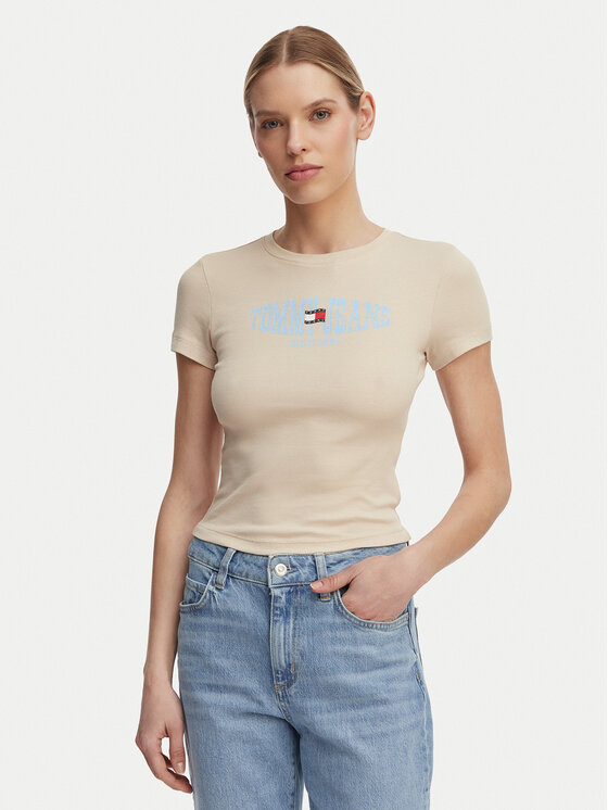 Tommy Jeans Tricou Wavy Flag DW0DW22272 Bej deschis Slim Fit