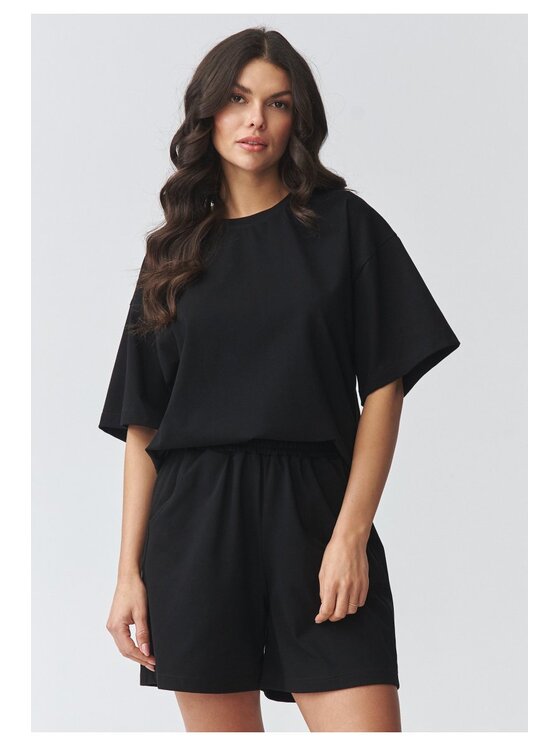 Makadamia Makadamia Komplet bluzka i szorty sportowe M935 Czarny Loose Fit