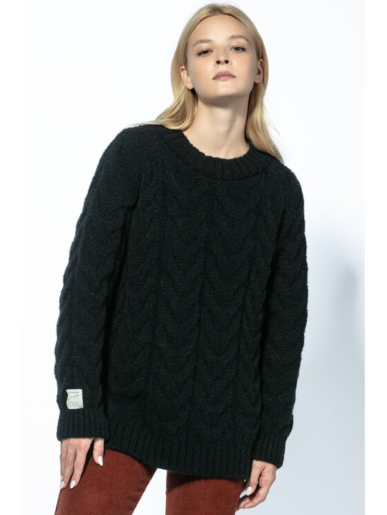 Fobya Fobya Sweter Ciepły sweter z dekoltem splot warkocze F1747 Czarny Classic Fit