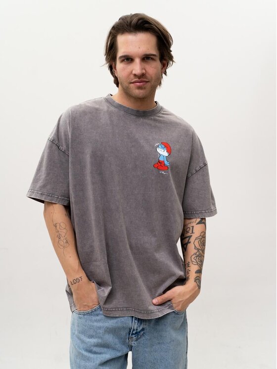 Smerfy Smerfy T-Shirt Szeroka luźna za duża acid wash 131074 Szary Oversize