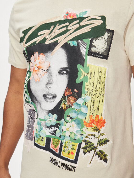 Guess Guess Tricou M4GI49 KBW41 Bej Slim Fit