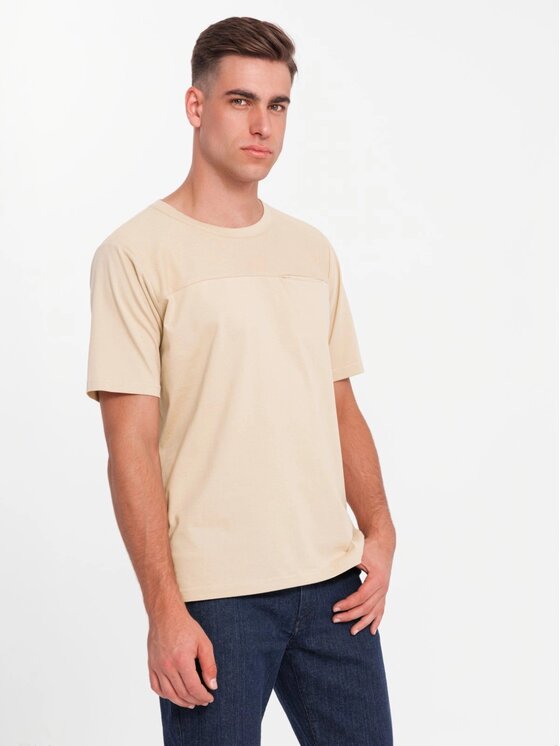 Ombre Ombre T-Shirt OM-TSCT-0171 Beżowy Loose Fit
