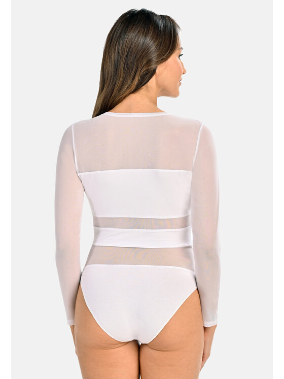 Teyli Teyli Body z wiskozy z siateczką Stripy Biały Regular Fit