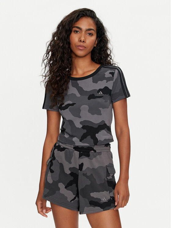 adidas Tričko Essentials 3-Stripes Camo Print IX3705 Sivá Slim Fit