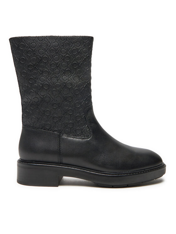 Calvin Klein Škornji Flat Ankle Boot Mono Mix HW0HW02195 Črna