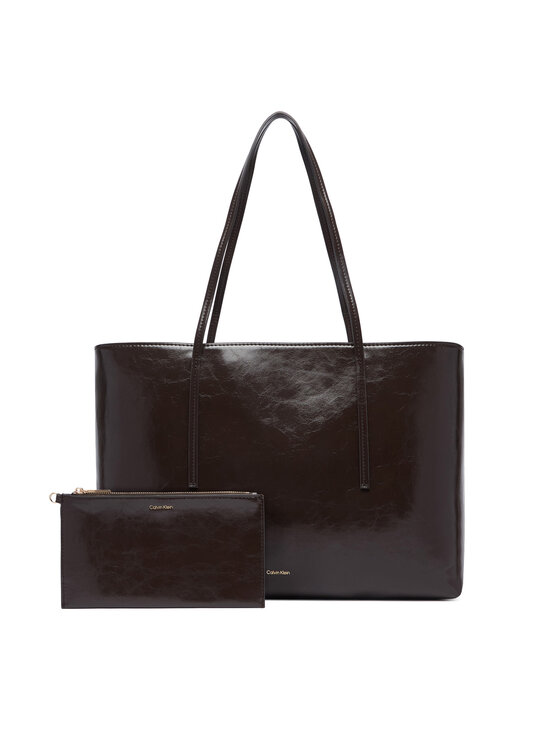 Calvin Klein Calvin Klein Дамска чанта Foil Logo Glossy Tote W/ Pouch LV04F3537G Кафяв