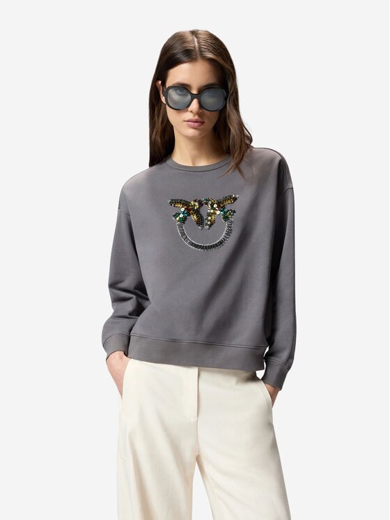PINKO PINKO Bluza NELLY MAGLIA FELPA RICAMO LOGO Szary Baggy Fit