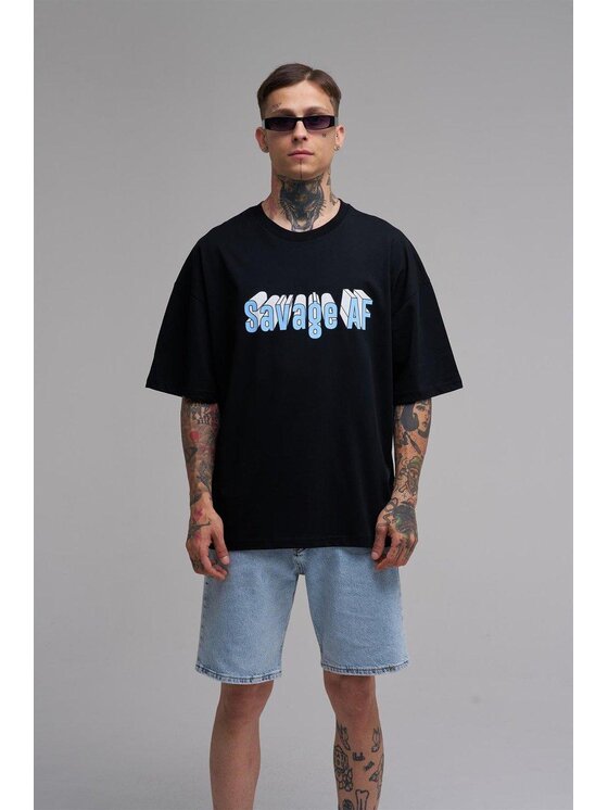 MyStars MyStars T-Shirt Koszulka Z Krótkim Rękawem Oversize Męska Czarna Premium Savage AF Luźna szeroka L Czarny Oversize