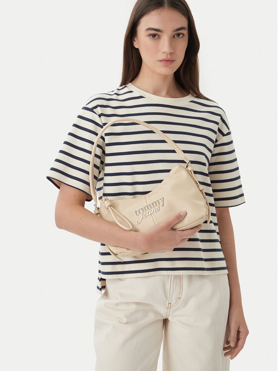 Tommy Jeans Geantă Metal Logo Shoulder Bag AW0AW18468 Crem
