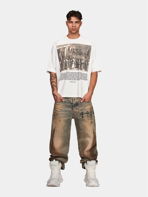 MADE BY SOCIETY MADE BY SOCIETY Spodnie materiałowe DISTORTION WASH - P17238 Niebieski Basic Fit