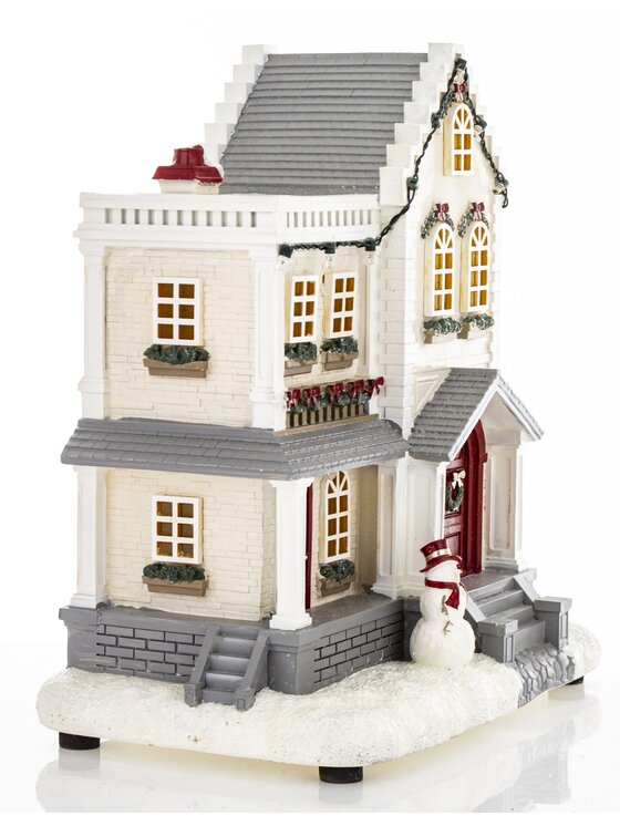 MIAhome MIAhome Dekoracja domek LED 26,5x23,5x14 cm z werandą i bałwankiem Biały