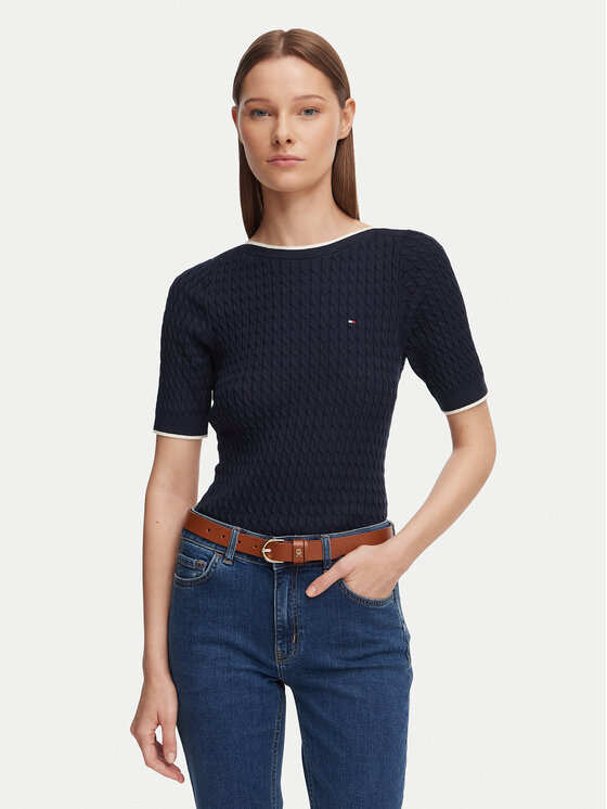 Tommy Hilfiger Bluza Fine Gg Cable Boat WW0WW50103 Mornarsko modra Regular Fit