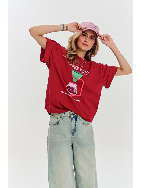 NAOKO NAOKO T-Shirt Coffee First Bordó Regular Fit