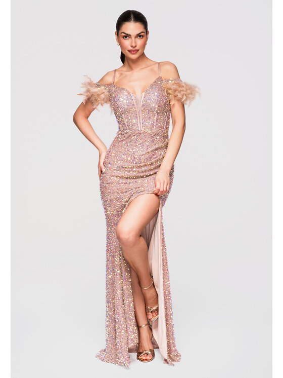 Ombre Ombre Sukienka wieczorowa LA-OM-DLR326 Beżowy Slim Fit
