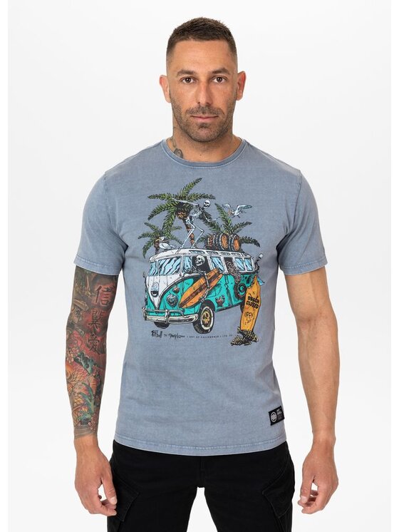 PITBULL PITBULL T-Shirt Denim Washed OPEN BEACH Niebieski jasny Regular Fit