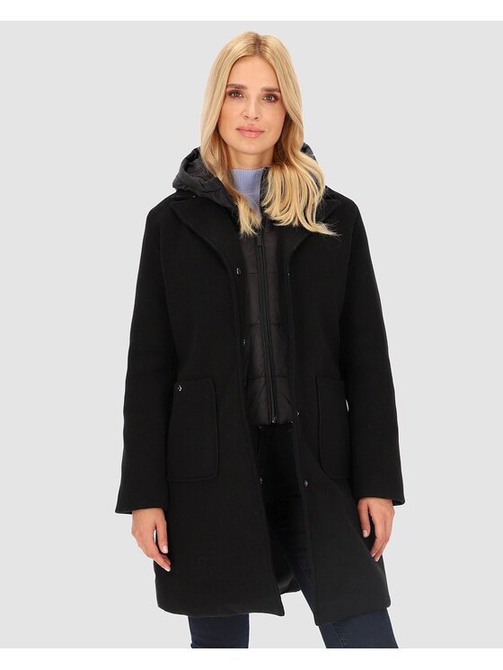 Perso Perso Prechodný kabát flauszowa z kapturem Čierna Regular Fit