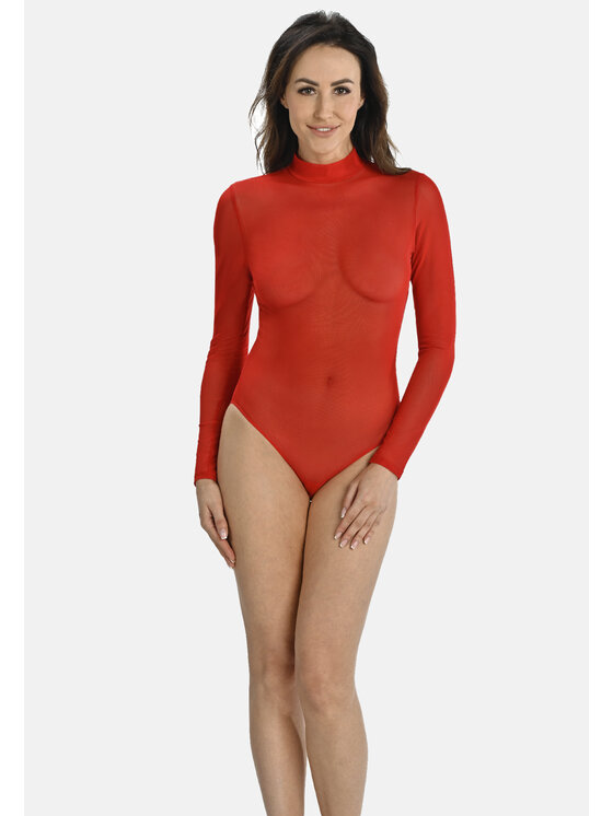 Teyli Teyli Body z transparentnej siateczki z półgolfem Amy Czerwony Regular Fit