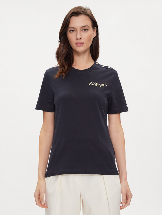 Tommy Hilfiger Tricou Gold Button WW0WW41211 Bleumarin Regular Fit