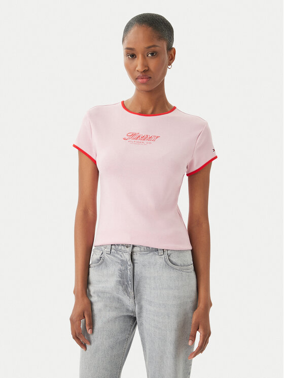 Tommy Hilfiger Tommy Hilfiger Majica Logo Graphic Ringer WW0WW49245 Svetlo rožnata Slim Fit