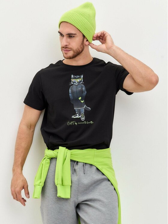 CAT by maniita lacitta CAT by maniita lacitta T-Shirt Printed men's t-shirt with CAT Czarny Regular Fit