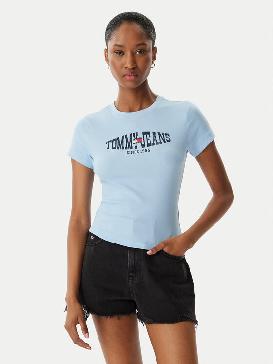 Tommy Jeans Tricou Wavy Flag DW0DW22272 Albastru deschis Slim Fit