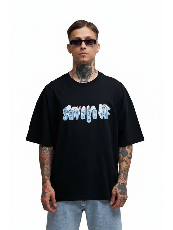 MyStars MyStars T-Shirt Koszulka Z Krótkim Rękawem Oversize Męska Czarna Premium Savage AF Luźna szeroka L Czarny Oversize