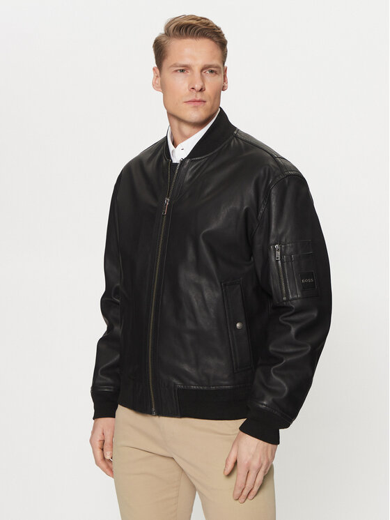 BOSS Geacă de piele Juge 50522223 Negru Relaxed Fit | Modivo.ro