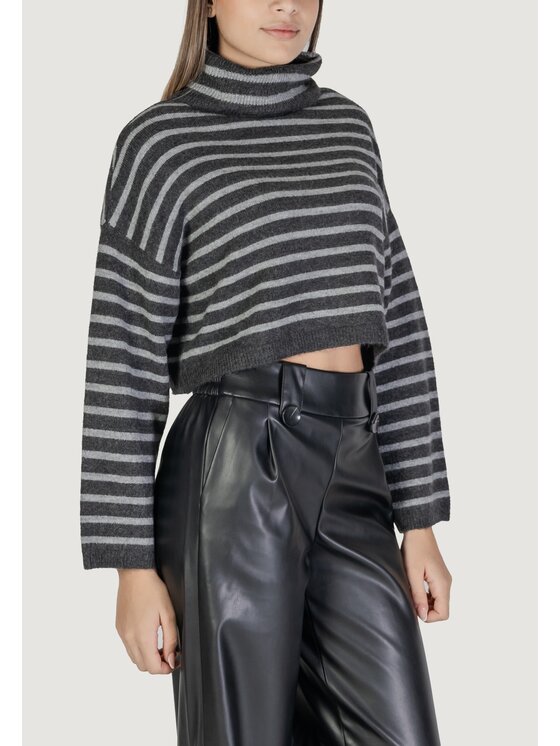 ONLY ONLY Sweter ONLTALIO LS STRIPE SHORT ROLLNECK BF KNT Szary Short Fit