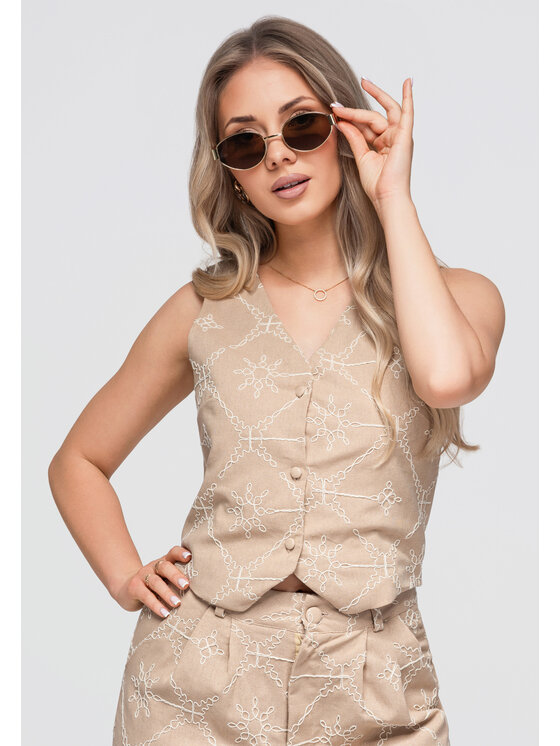 Ombre Ombre Kamizelka OW-VE-E0009 Beżowy Slim Fit