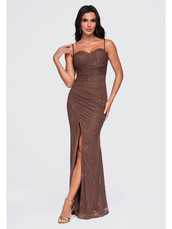 Ombre Ombre Sukienka wieczorowa LA-OM-DLR464 Brązowy Slim Fit