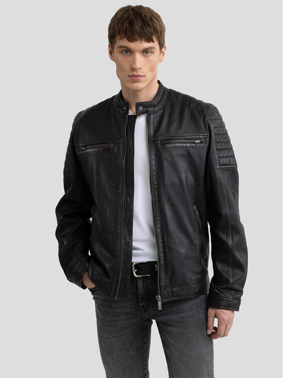 BIG STAR BIG STAR Kurtka skórzana HIDEO_906_130 Czarny Basic Fit