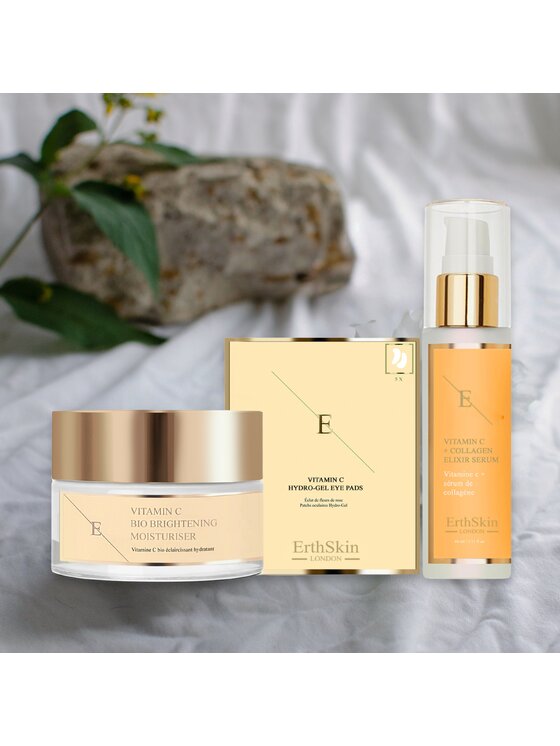 Erthskin London Erthskin London WITAMINA C ELIXIR SERUM + Witamina C Bio Rozświetlający krem ​​nawilżający + Płatki pod oczy Zestaw do pielęgnacji