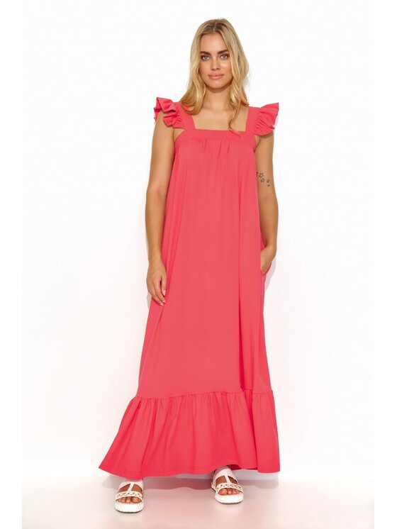 Makadamia Makadamia Sukienka letnia M817 Koralowy Loose Fit