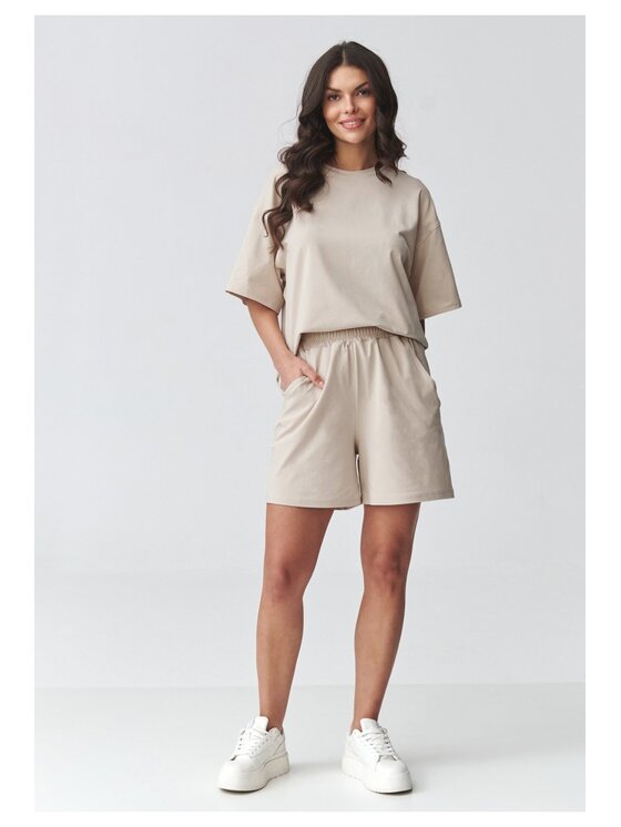 Makadamia Makadamia Komplet bluzka i szorty sportowe M935 Beżowy Loose Fit
