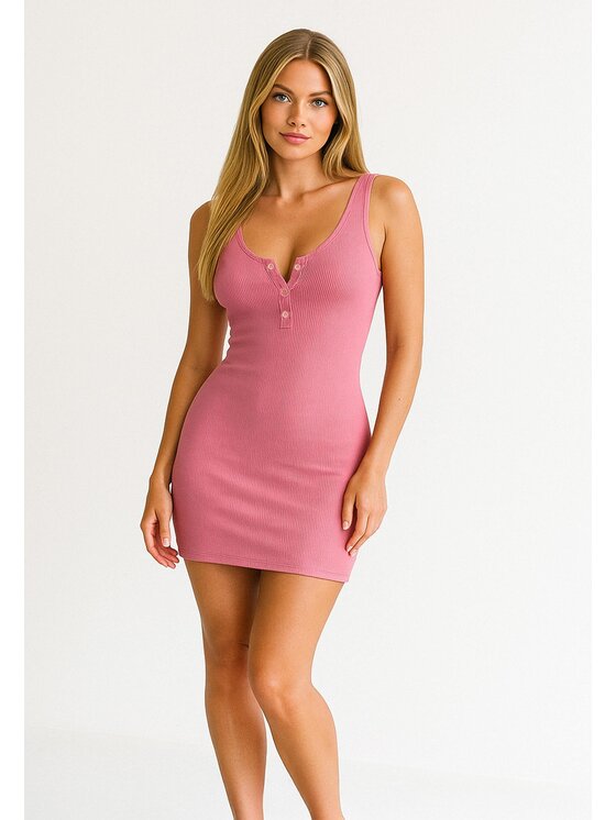 Nudyess Nudyess Letné šaty Louisiana mini z prążka Ružová Fitted Fit