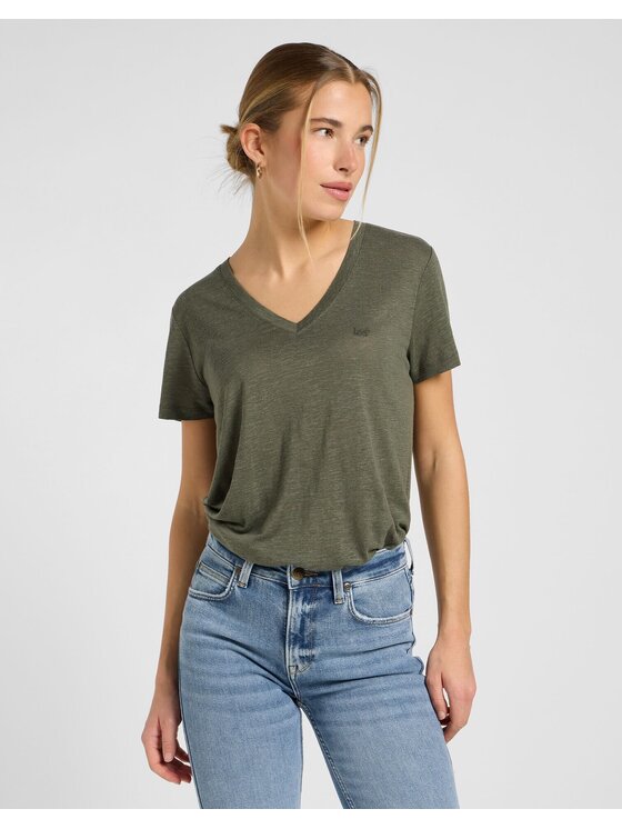 Lee Lee T-Shirt V NECK TEE Zielony Regular Fit