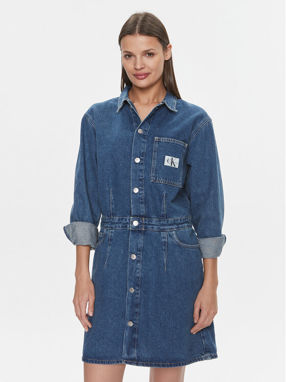 Calvin Klein Jeans Džinsa kleita Darted Denim Shirt Dress J20J222461 Tumši zils Slim Fit